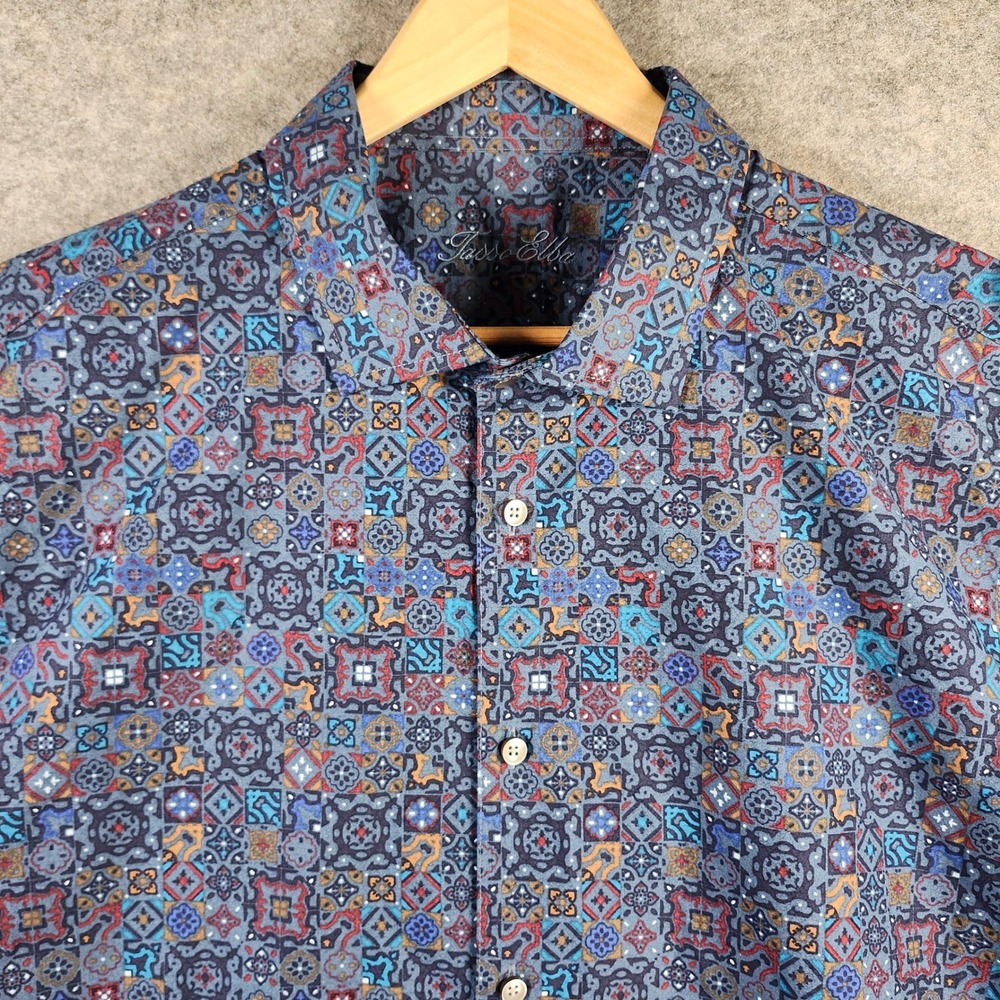 Tasso Elba Button Up Shirt Mens XXL Blue Mosaic Geometric Cotton Long Sleeve